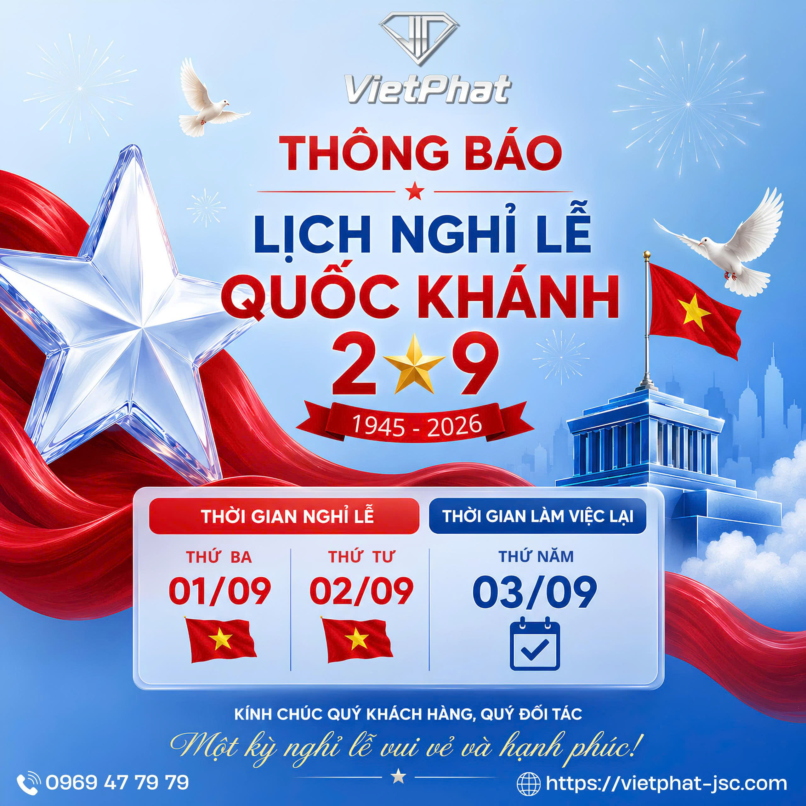 THÔNG BÁO LỊCH NGHỈ LỄ QUỐC KHÁNH 2/9 2026